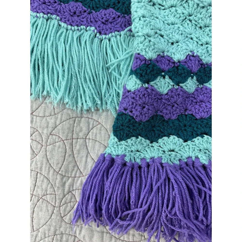 Handmade Crochet Afghan Throw Blanket Teal Purple Fringe Granny Stitch 70s Style
